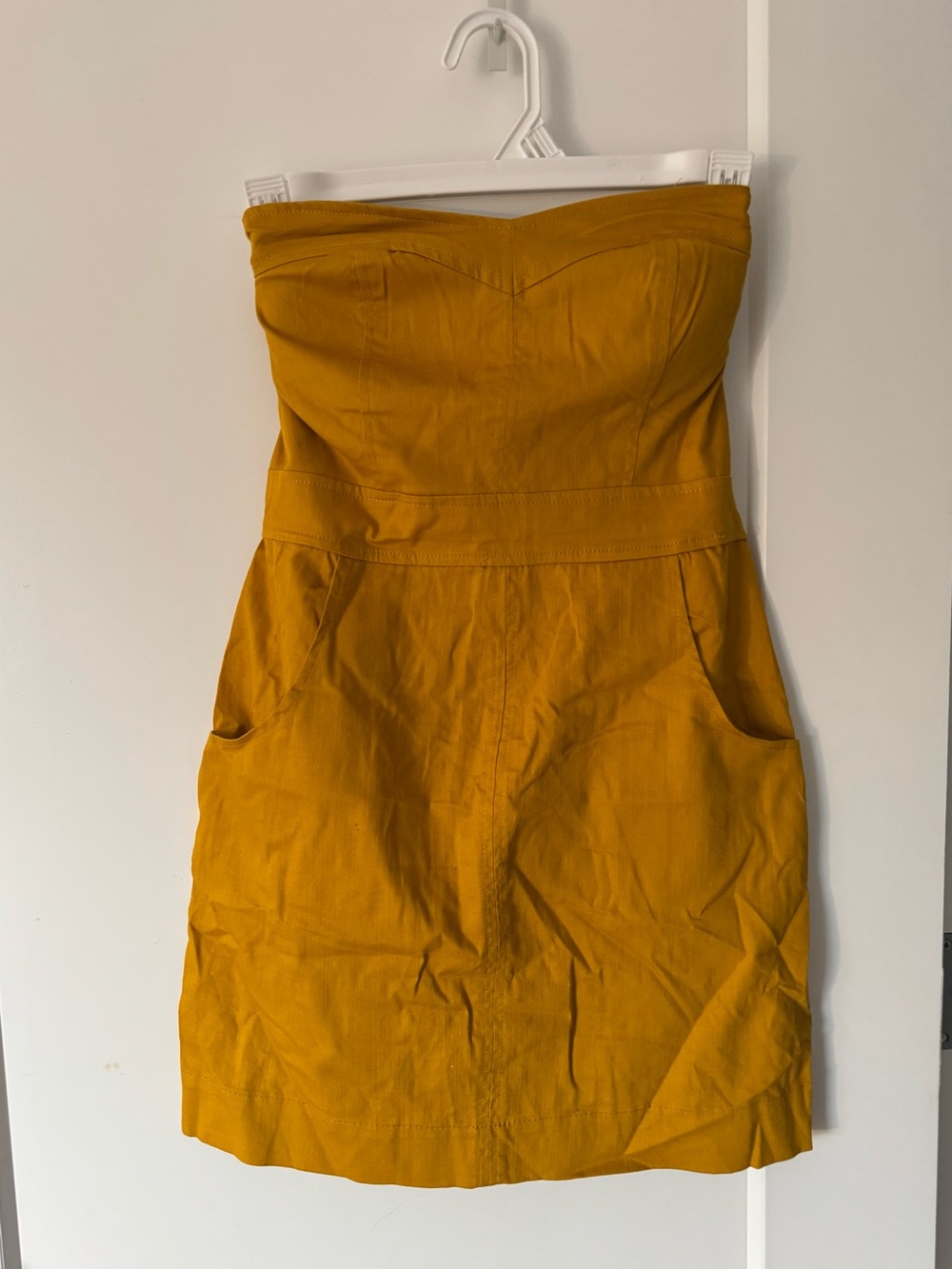 Mustard Yellow Strapless Midi Dress with Pockets size M